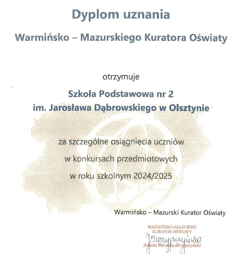 Dyplom uznania Warmińsko-Mazurskiego Kuratora Oświaty za najwyższą liczbę laureatów