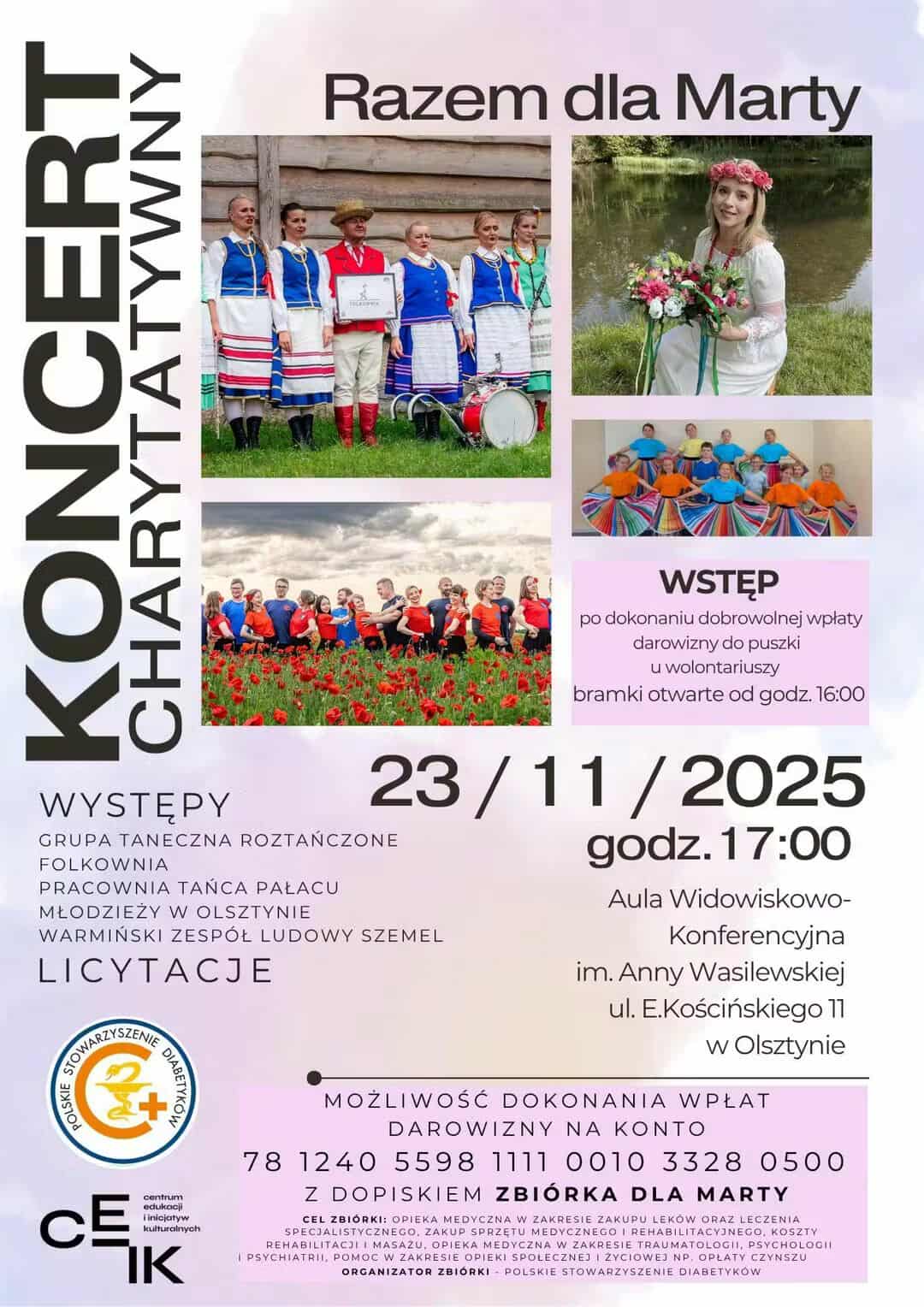 Plakat informuje o Koncertcie Charytatywnym „Razem dla Marty”, utrzymany w jasnych pastelowych kolorach. Zawiera kilka zdjęć grup tanecznych w strojach ludowych oraz zdjęcie kobiety w białej sukni i wianku.