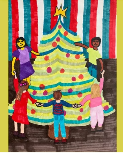 Na obrazku są dzieci, które stoją wokół choinki trzymając się za ręce