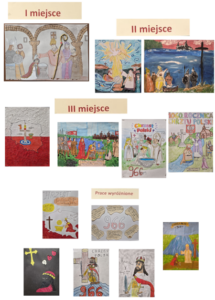 Grafika przedstawia wyniki konkursu plastycznego o tematyce „Chrzest Polski”. Prace są podzielone na cztery kategorie: I miejsce – jedna praca: rysunek sceny chrztu z udziałem duchownego i postaci historycznych pod arkadami. II miejsce – dwie prace: kolorowe obrazy przedstawiające chrzest oraz sceny religijne nad wodą. III miejsce – kilka prac: różnorodne rysunki i ilustracje związane z chrztem Polski, w tym sceny historyczne, postacie w strojach z epoki oraz napisy „966”. Prace wyróżnione – kilka dodatkowych rysunków: m.in. symbole religijne, postacie historyczne oraz kompozycje z datą 966 i motywami chrztu. Całość ma formę kolażu na jasnym tle z podpisami kategorii w języku polskim.