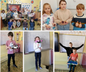 Kolaż zdjęć z Dnia Talentów klasy 2b. Na zdjęciu grupowym uczniowie pozują w sali lekcyjnej z napisem „Odkryj swój talent". Pozostałe zdjęcia przedstawiają indywidualnych uczniów prezentujących swoje talenty: dwoje dzieci trzyma owoce, chłopiec prezentuje model samochodu z klocków LEGO, dziewczynka trzyma bukiet różowych kwiatów, a dwóch chłopców — jeden z rozłożonymi szeroko ramionami, drugi trzymający planszę z klocków LEGO — pozuje na tle tablicy z napisem „Dzień talentów"